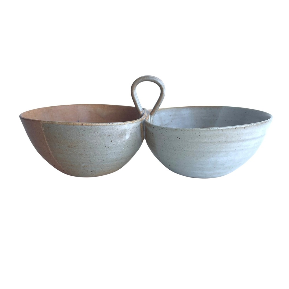 Studio Pottery Double Condiment Server Handcrafted Stoneware Two Tone Earthy